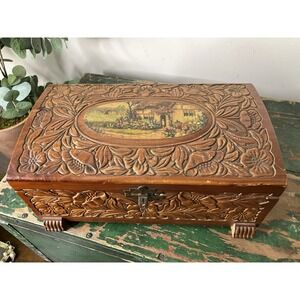 Vintage Carved Wooden Keepsake Jewelry Box Cottage Country Scene Floral Relief